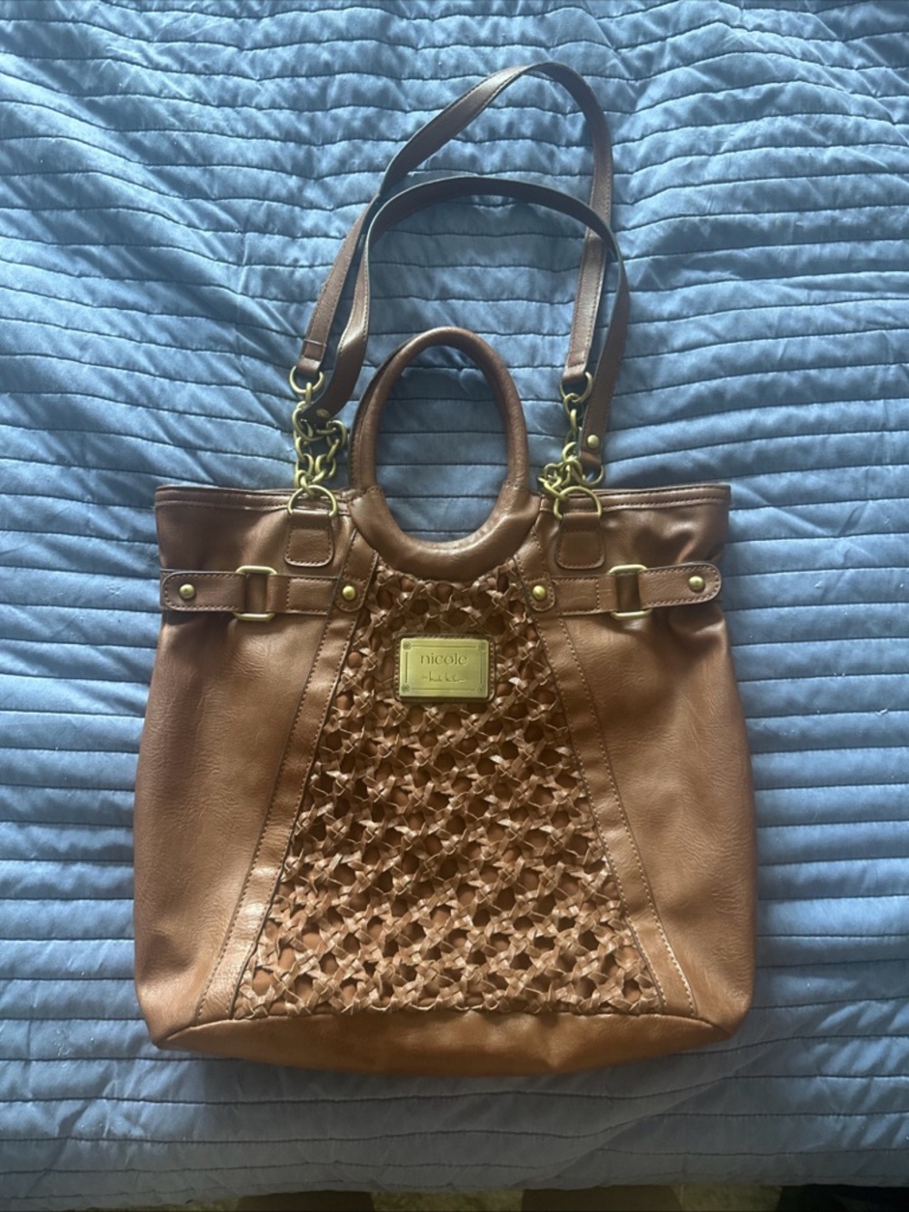 Nicole Miller‎ Brown Woven Front Tote with Gold Plaque